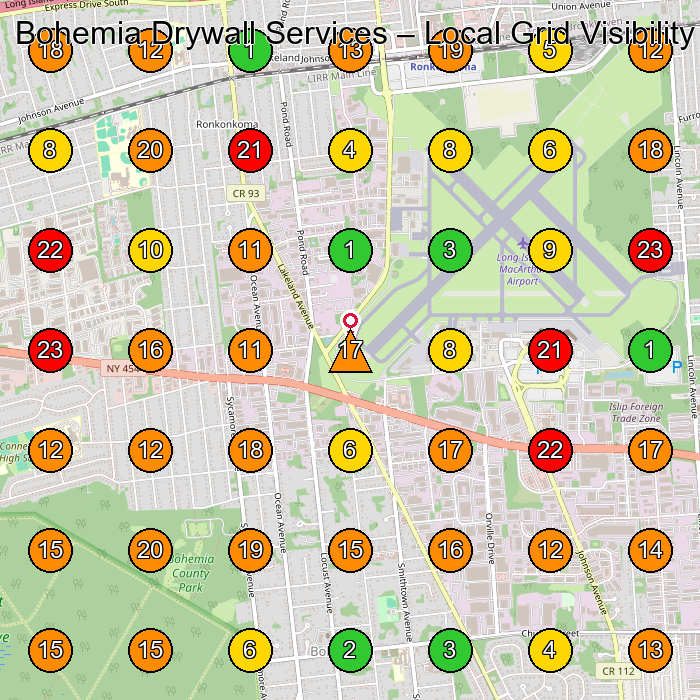 Bohemia Drywall Services Dry Wall Contractor GeoGrid ranking map for Bohemia NY